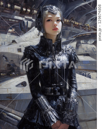 黒いアーマーを纏う未来の戦士の女性 129674808