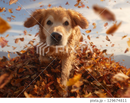 秋の落ち葉で遊ぶゴールデンレトリバー 129674811