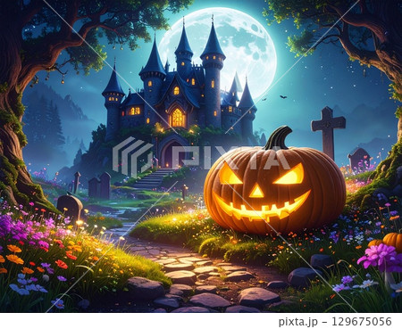 お化けかぼちゃと古城　ハロウィーン 129675056