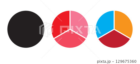 Three part pie charts in various colors for data visualization. Circle divided into three equal segments. 129675360