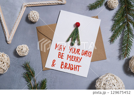 Christmas tree Sustainable Christmas preparation handmade greeting cards with envelope. Inclusive and responsible holiday 129675452