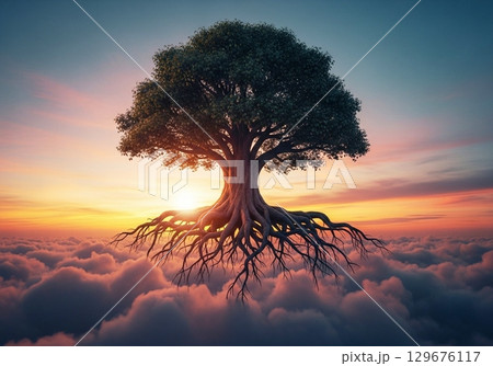 Majestic Tree with Roots in the Clouds at Sunset 129676117