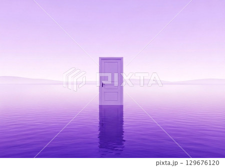 Purple Door in Surreal Calm Water Landscape Purple Door in Surreal Calm Water Landscape 129676120