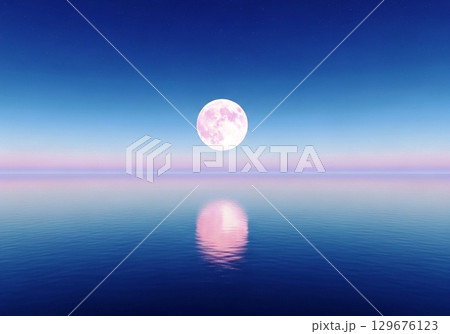 Pink Moonrise over Calm Ocean, Peaceful Night Scene 129676123