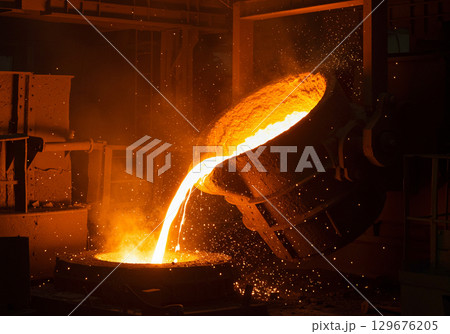Molten Metal Pouring in Steel Foundry 129676205