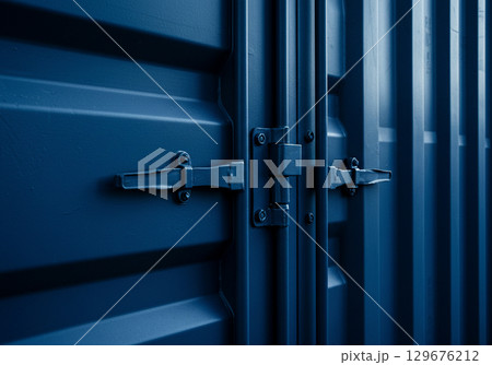 Closeup of Blue Cargo Container Door Latches 129676212