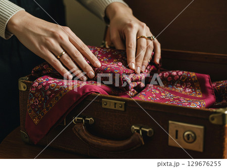 Woman Packing Vintage Scarf in Antique Suitcase 129676255
