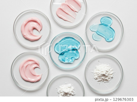 Cosmetic Products in Petri Dishes, Skincare, Beauty Science 129676303