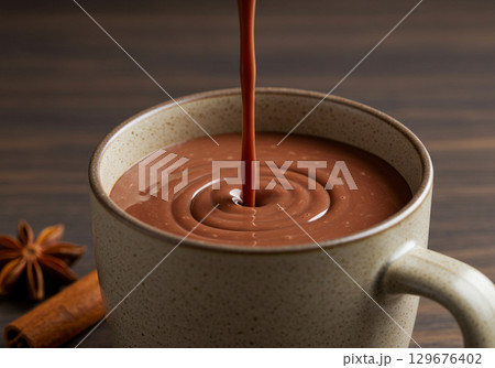 Pouring Hot Chocolate into a Mug with Spices Pouring Hot Chocolate into a Mug with Spices 129676402
