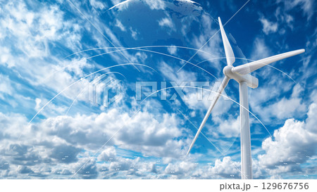 世界の再生可能エネルギー、未来技術付き風力タービン、環境に優しいクリーン電力コンセプト 129676756