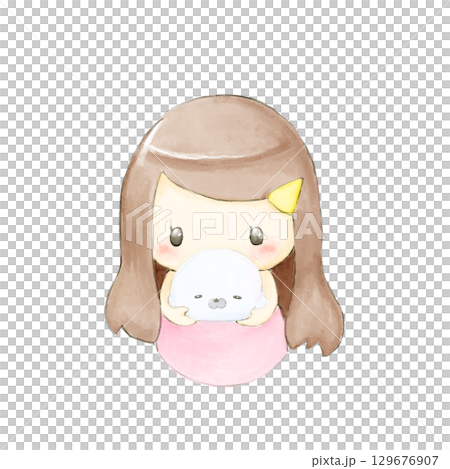 Illustration of a girl showing off her precious stuffed animal Illustration of a girl showing off her precious stuffed animal 129676907