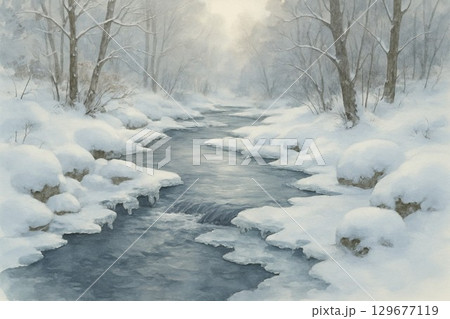 雪の朝の川の流れる風景 129677119