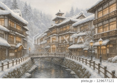 雪降る銀山温泉 129677121