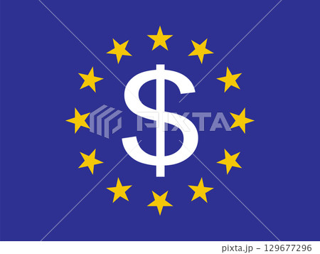 Dollar sign overlaid on the European Union flag, symbolizing economic influence. 129677296