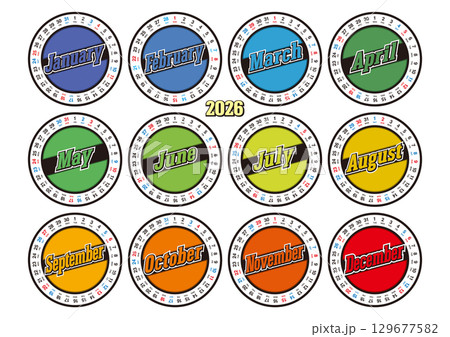 2026年の年間円形カレンダー 横位置 日本の祝日表記はありません 129677582