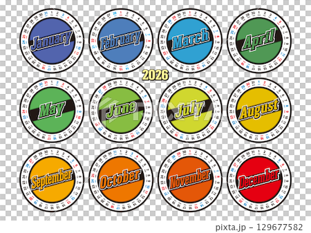2026年の年間円形カレンダー 横位置 日本の祝日表記はありません 129677582