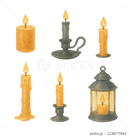 ろうそくセット イラスト素材（水彩風・アンティークキャンドル・ランタン） 129677662