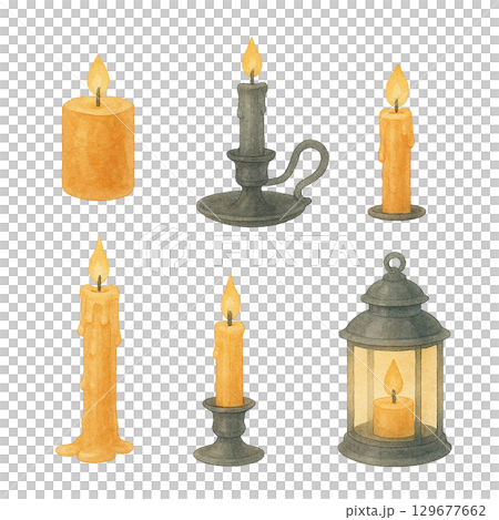 ろうそくセット イラスト素材（水彩風・アンティークキャンドル・ランタン） 129677662