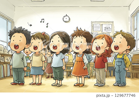 子どもたちが音楽室で合唱しているシーン 129677746