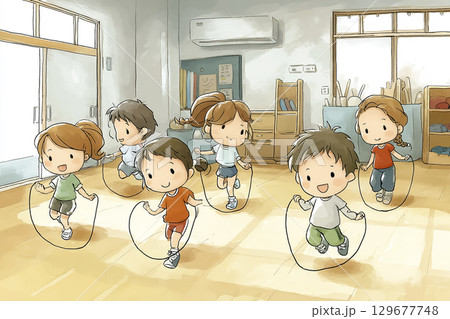 子どもたちが体育館で縄跳びをしているシーン  129677748