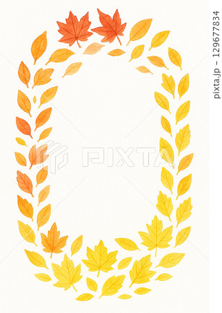 黄色とオレンジの葉っぱフレーム イラスト 縦型 129677834