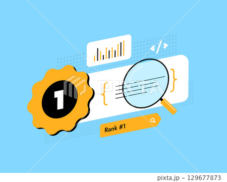 SEO ranking concept with magnifying glass, analytics chart and first place badge. Website position tracking, keyword research and search engine visibility improvement, modern vector illustration 129677873