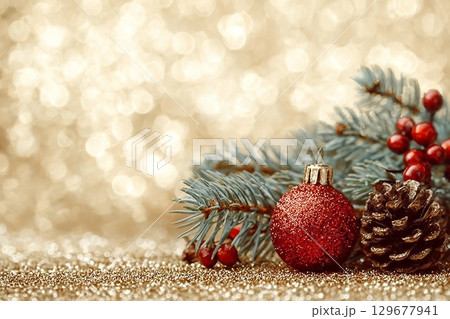 Christmas card with fir and decor on glitter background 129677941