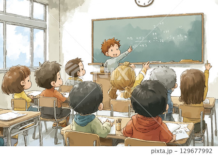子どもたちが黒板の前で算数の計算問題を解いているシーン 子どもたちが黒板の前で算数の計算問題を解いているシーン 129677992