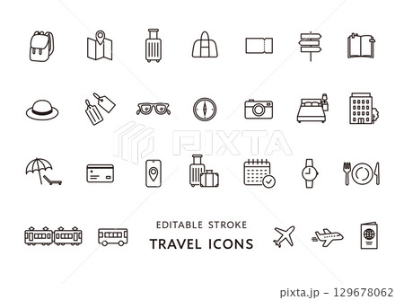 旅行にまつわるアイコンセット(モノクロ) 旅行にまつわるアイコンセット(モノクロ) 129678062