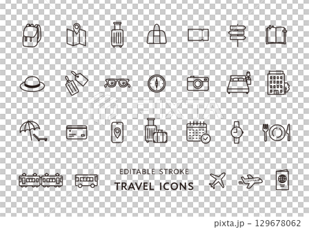 旅行にまつわるアイコンセット(モノクロ) 旅行にまつわるアイコンセット(モノクロ) 129678062