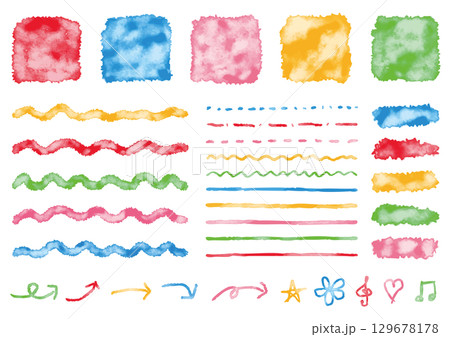 5色の水彩の四角や線などの素材セット 129678178
