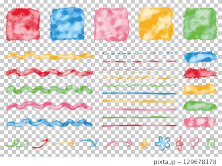 5色の水彩の四角や線などの素材セット 129678178