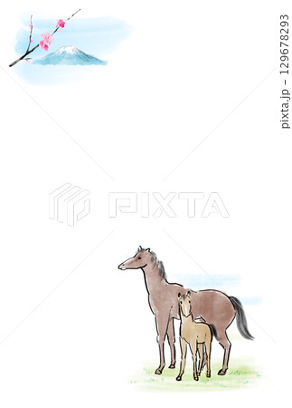水彩で描いた馬のイラスト 和風年賀状 水彩で描いた馬のイラスト 和風年賀状 129678293