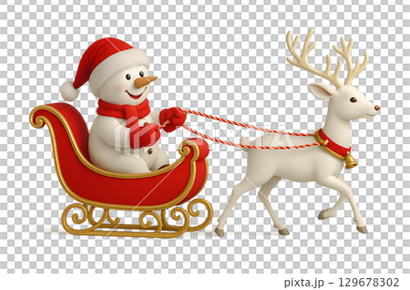 Snowman in a red hat and a cute reindeer 129678302