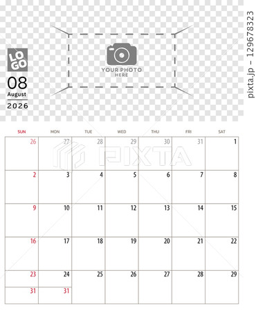 August 2026 Calendar. Week start on Sunday. Desk calendar 2026 design, simple and clean design, Wall calendar for print, digital calendar, Corporate design planner template vector. August 2026 Calendar. Week start on Sunday. Desk calendar 2026 design, simple and clean design, Wall calendar for print, digital calendar, Corporate design planner template vector. 129678323