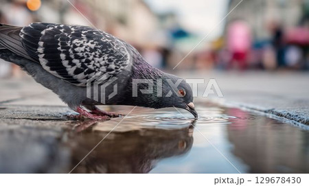 都市公園で水を飲む鳩の近接 都市公園で水を飲む鳩の近接 129678430