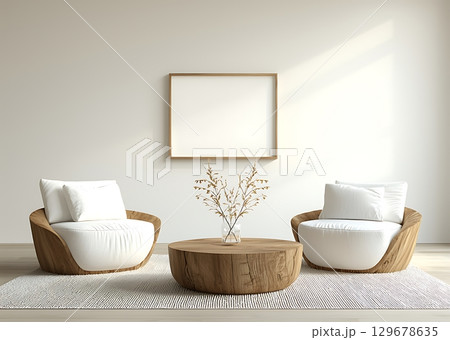 Cozy Minimalist Living Room with Wooden Accent Furniture and Soft White Upholstery 129678635