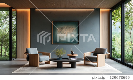 Modern minimalist interior design with wooden furniture and large windows showcasing nature 129678699
