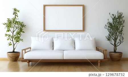 Modern Minimalist Living Room with White Sofa and Decorative Plants in Bright Interior 129678732