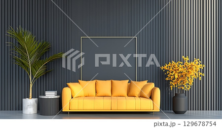 Modern Living Room with Yellow Sofa, Decorative Plants and Minimalist Design Elements 129678754