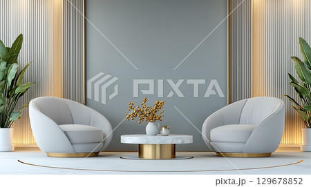 Elegant Lounge Area with Contemporary Chairs and Modern Coffee Table in Stylish Interior Design 129678852