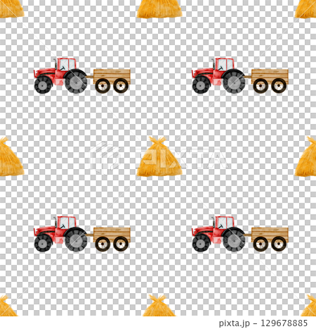 Tractor and haystack watercolor seamless pattern. Drawing of a red toy car with a cart on a white background. Illustration of an agricultural machine. For children's textiles, bed linen, diapers Tractor and haystack watercolor seamless pattern. Drawing of a red toy car with a cart on a white background. Illustration of an agricultural machine. For children's textiles, bed linen, diapers 129678885