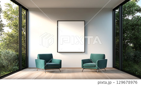 Modern Living Room with Two Vintage Chairs and Large Blank Frame on Bright Wall 129678976
