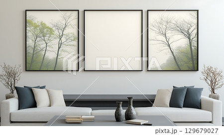 Modern Interior Design Featuring Minimalist Art with Trees in Black Frames Modern Interior Design Featuring Minimalist Art with Trees in Black Frames 129679027