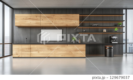 Modern kitchen interior with wooden cabinets, minimalistic design and city view through windows 129679037