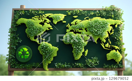 Creative blackboard with a world map made of green plants and a Green Earth recycle sign outdoor. Creative blackboard with a world map made of green plants and a Green Earth recycle sign outdoor. 129679052