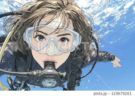 海面を移動する女性ダイバー 正面のイラスト素材 [129679261] - PIXTA
