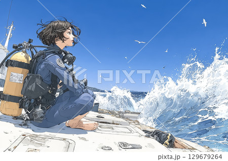 次のダイビングポイントに向かうボートから海を眺める女性ダイバー 129679264