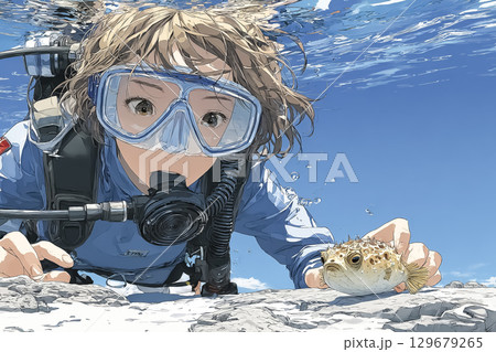 フグをツンツンする女性ダイバー 129679265