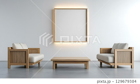 Modern Minimalist Living Room with Stylish Wooden Furniture and Decorative Frame Modern Minimalist Living Room with Stylish Wooden Furniture and Decorative Frame 129679384